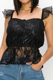 Black Button-front Ruffle Sleeves Peplum To