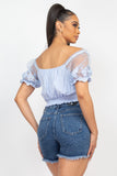 Black Lace Puff Sleeve Ruched-front Crop Top