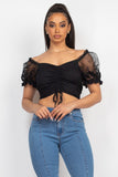 Black Lace Puff Sleeve Ruched-front Crop Top