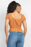 Brown Puff Sleeve Eyelet Peplum Top