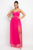 Hot Pink Back Zip Mesh Maxi Slit Dress