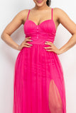 Hot Pink Back Zip Mesh Maxi Slit Dress