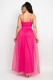 Hot Pink Back Zip Mesh Maxi Slit Dress