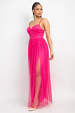 Hot Pink Back Zip Mesh Maxi Slit Dress