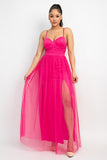 Hot Pink Back Zip Mesh Maxi Slit Dress