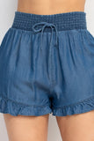 Smocked Waist Ruffled Denim Shorts