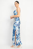 Satin Cowl Tropical Slit Dress