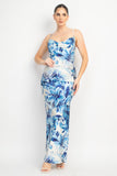 Satin Cowl Tropical Slit Dress