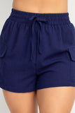 Navy High-rise Elastic Drawstring Cargo Shorts