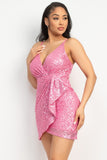 Pink Sequin-studded Wrap Surplice Dress