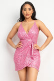 Pink Sequin-studded Wrap Surplice Dress
