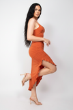 Rust Ruffled Asymmetrical Hem Dress