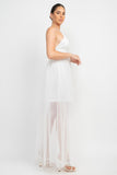 Off White Plunging Neck Crisscross Maxi Tulle Dress
