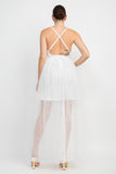 Off White Plunging Neck Crisscross Maxi Tulle Dress