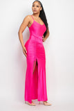 Hot Pink Side Slit Maxi Ruched Dress