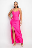 Hot Pink Side Slit Maxi Ruched Dress