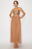 Mocha Sequin Sheer Tulle Maxi Dress