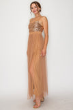 Mocha Sequin Sheer Tulle Maxi Dress