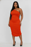 Plus Ruched One Shoulder Midi Bodycon Dress