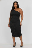 Plus Ruched One Shoulder Midi Bodycon Dress