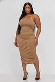 Plus Ruched One Shoulder Midi Bodycon Dress