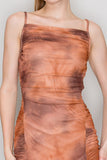 Rust Shirred Cowl Neck Printed Mesh Dress