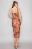 Rust Shirred Cowl Neck Printed Mesh Dress