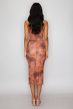 Rust Shirred Cowl Neck Printed Mesh Dress