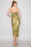 Olive Shirred Cowl Neck Printed Mesh Dress