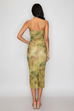 Olive Shirred Cowl Neck Printed Mesh Dress