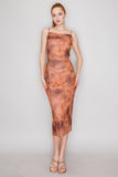 Rust Shirred Cowl Neck Printed Mesh Dress