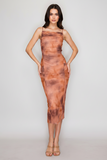 Rust Shirred Cowl Neck Printed Mesh Dress