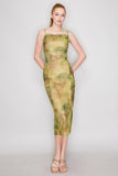 Olive Shirred Cowl Neck Printed Mesh Dress