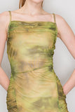 Olive Shirred Cowl Neck Printed Mesh Dress