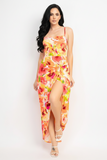 Orange Floral Front Twist High-low Printed Dress
